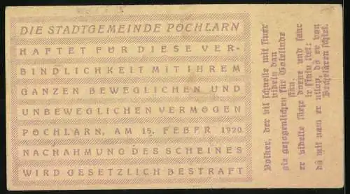 Notgeld Pöchlarn 1920, 60 Heller, Stadtansicht mit Kirche und Burg, Wappen, Seriennummer vorhanden