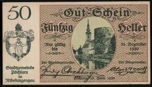 Notgeld Pöchlarn 1920, 50 Heller, Stadtansicht mit Kirche und Burg, Wappen links, gültig bis 31. Dezember 1920