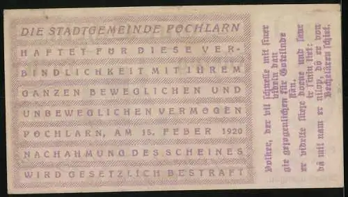 Notgeld Pöchlarn 1920, 50 Heller, Stadtansicht mit Kirche und Burg, Wappen links, gültig bis 31. Dezember 1920