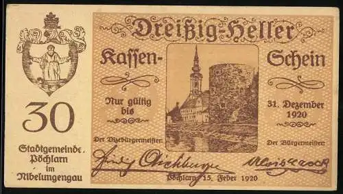 Notgeld Pöchlarn 1920, 30 Heller, Stadtansicht mit Burg und Kirche, Wappen und Unterschriften