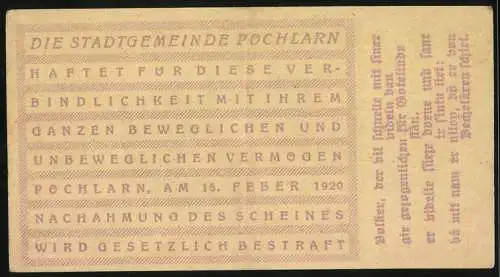 Notgeld Pöchlarn 1920, 30 Heller, Stadtansicht mit Burg und Kirche, Wappen und Unterschriften