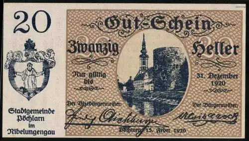 Notgeld Pöchlarn 1920, 20 Heller, Stadtansicht mit Kirche und Burg, Wappen links