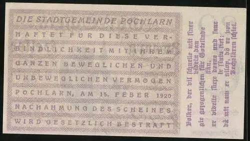 Notgeld Pöchlarn 1920, 20 Heller, Stadtansicht mit Kirche und Burg, Wappen links