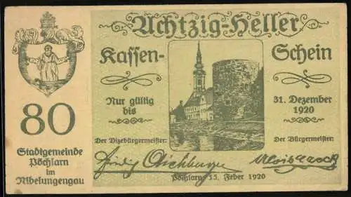 Notgeld Pöchlarn 1920, 80 Heller, Stadtansicht mit Kirche und Ruine, Wappen und Unterschriften, gültig bis 31. Dezember