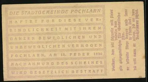 Notgeld Pöchlarn 1920, 80 Heller, Stadtansicht mit Kirche und Ruine, Wappen und Unterschriften, gültig bis 31. Dezember