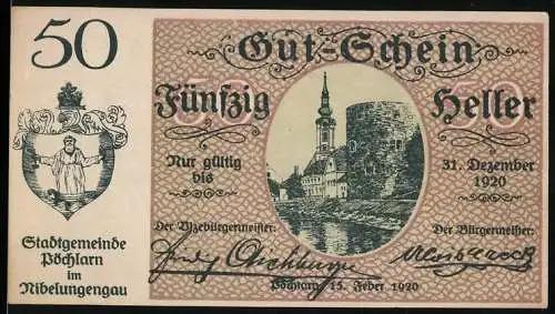 Notgeld Pöchlarn 1920, 50 Heller, Stadtansicht mit Kirche und Turm, Wappen links