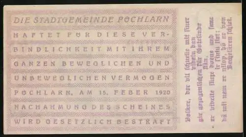 Notgeld Pöchlarn 1920, 50 Heller, Stadtansicht mit Kirche und Turm, Wappen links