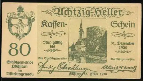 Notgeld Pöchlarn 1920, 80 Heller, Stadtansicht mit Kirche und Ruine, Wappen und Unterschriften