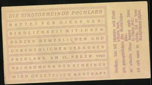 Notgeld Pöchlarn 1920, 80 Heller, Stadtansicht mit Kirche und Ruine, Wappen und Unterschriften