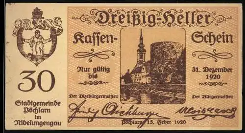 Notgeld Pöchlarn 1920, 30 Heller, Burg und Kirche, Wappen, Unterschriften der Bürgermeister