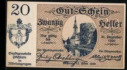 Notgeld Pöchlarn 1920, 20 Heller, Stadtansicht mit Kirche und Burg, Wappen und Unterschriften der Bürgermeister