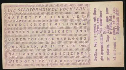 Notgeld Pöchlarn 1920, 20 Heller, Stadtansicht mit Kirche und Burg, Wappen und Unterschriften der Bürgermeister