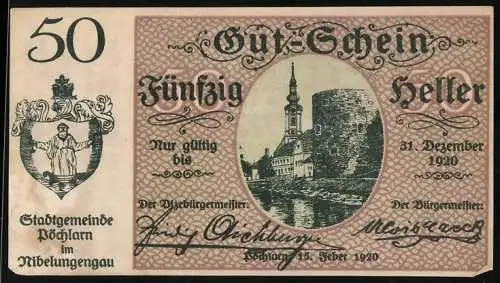 Notgeld Pöchlarn 1920, 50 Heller, Stadtansicht mit Turm und Burg, Wappen der Stadtgemeinde