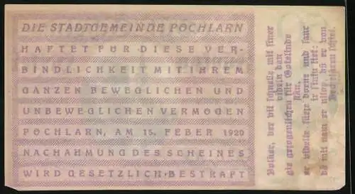 Notgeld Pöchlarn 1920, 50 Heller, Stadtansicht mit Turm und Burg, Wappen der Stadtgemeinde