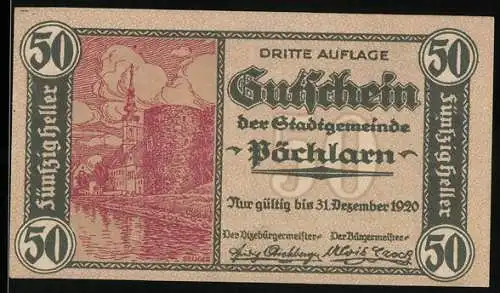 Notgeld Pöchlarn 1920, 50 Heller, Burg an der Donau und Stadtansicht mit Wappen