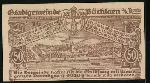 Notgeld Pöchlarn 1920, 50 Heller, Burg an der Donau und Stadtansicht mit Wappen