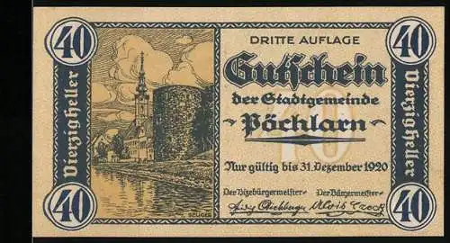 Notgeld Pöchlarn 1920, 40 Heller, Stadtansicht und Burg mit Fluss, Wappen und Spruchband