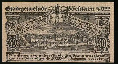 Notgeld Pöchlarn 1920, 40 Heller, Stadtansicht und Burg mit Fluss, Wappen und Spruchband