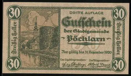 Notgeld Pöchlarn 1920, 30 Heller, Stadtansicht mit Burg und Wappen, Gültig bis 31. Dezember 1920