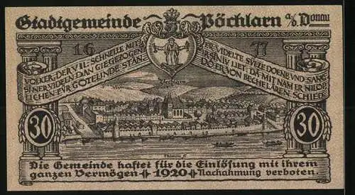 Notgeld Pöchlarn 1920, 30 Heller, Stadtansicht mit Burg und Wappen, Gültig bis 31. Dezember 1920