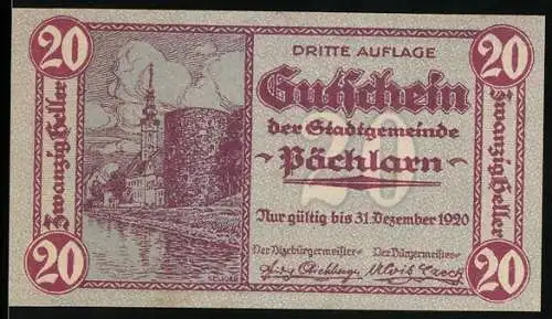 Notgeld Pöchlarn 1920, 20 Heller, Stadtansicht und Fluss, Stadtwappen und Inschrift, Dritte Auflage