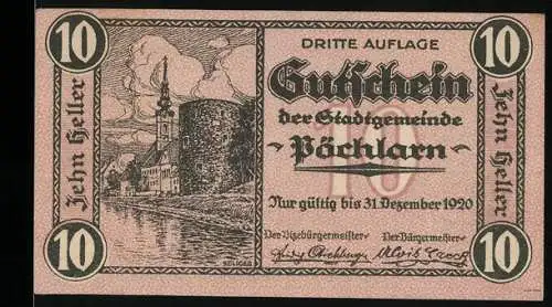 Notgeld Pöchlarn 1920, 10 Heller, Stadtansicht und Fluss mit Segelschiffen, Stadtwappen oben