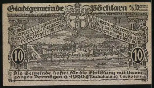 Notgeld Pöchlarn 1920, 10 Heller, Stadtansicht und Fluss mit Segelschiffen, Stadtwappen oben