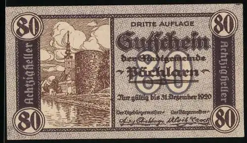 Notgeld Pöchlarn 1920, 80 Heller, Stadtansicht und Turm mit Fluss, Stadtwappen oben