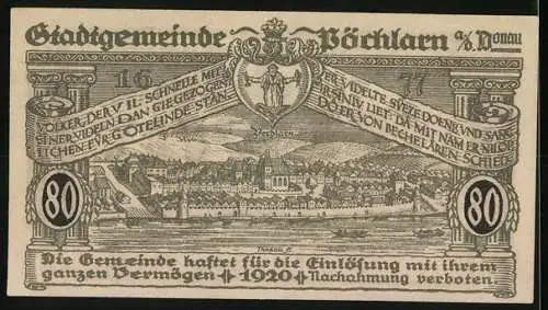 Notgeld Pöchlarn 1920, 80 Heller, Stadtansicht und Turm mit Fluss, Stadtwappen oben