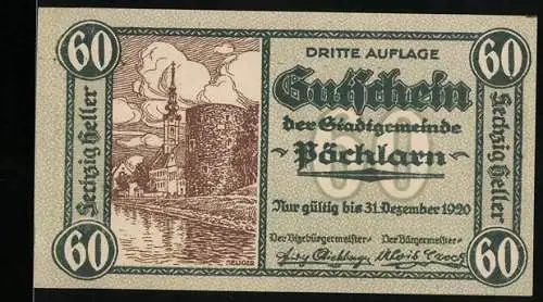 Notgeld Pöchlarn 1920, 60 Heller, Stadtansicht mit Burg und Wappen