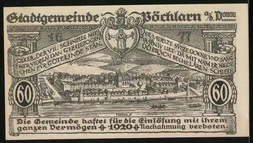 Notgeld Pöchlarn 1920, 60 Heller, Stadtansicht mit Burg und Wappen