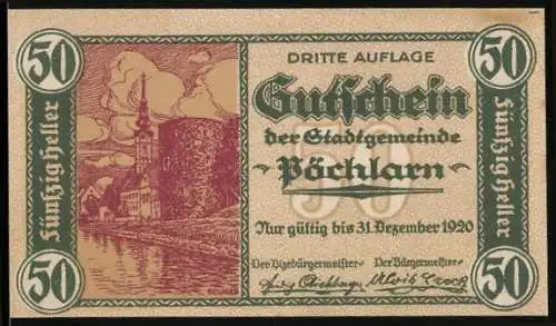 Notgeld Pöchlarn 1920, 50 Heller, Stadtansicht und Landschaftsmotiv