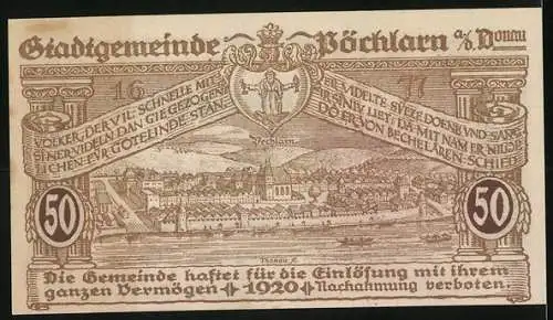 Notgeld Pöchlarn 1920, 50 Heller, Stadtansicht und Landschaftsmotiv