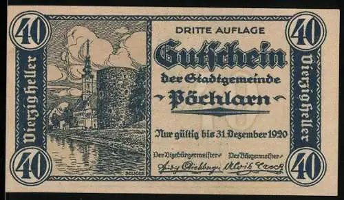 Notgeld Pöchlarn 1920, 40 Heller, Stadtansicht und Flusslandschaft, Wappen und Inschrift, dritte Auflage