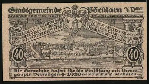 Notgeld Pöchlarn 1920, 40 Heller, Stadtansicht und Flusslandschaft, Wappen und Inschrift, dritte Auflage