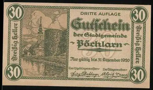 Notgeld Pöchlarn 1920, 30 Heller, Stadtansicht mit Turm und Fluss, Stadtwappen und Inschrift