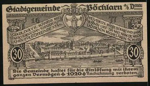 Notgeld Pöchlarn 1920, 30 Heller, Stadtansicht mit Turm und Fluss, Stadtwappen und Inschrift