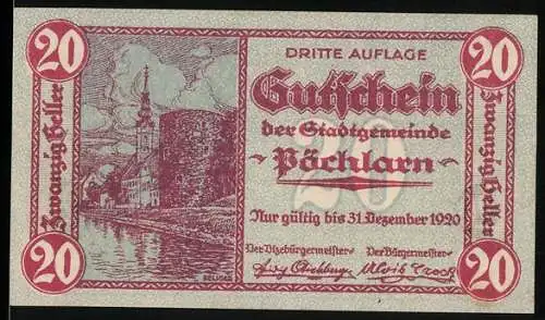 Notgeld Pöchlarn 1920, 20 Heller, Stadtansicht und Landschaft, Wappen und Spruchband