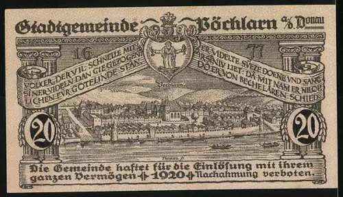 Notgeld Pöchlarn 1920, 20 Heller, Stadtansicht und Landschaft, Wappen und Spruchband