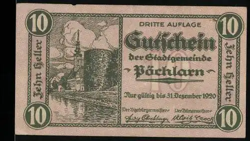 Notgeld Pöchlarn 1920, 10 Heller, Stadtansicht und Gedicht, Wappen der Stadtgemeinde