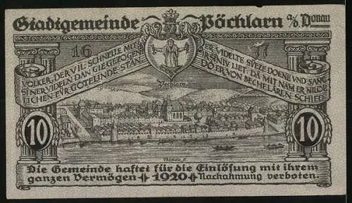 Notgeld Pöchlarn 1920, 10 Heller, Stadtansicht und Gedicht, Wappen der Stadtgemeinde