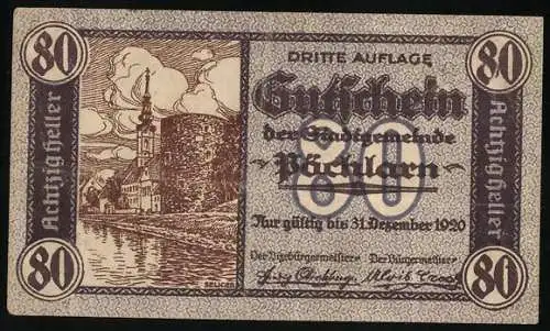 Notgeld Pöchlarn 1920, 80 Heller, Stadtansicht mit Fluss und Kirche, Stadtwappen und Spruchband