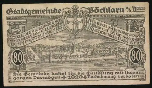 Notgeld Pöchlarn 1920, 80 Heller, Stadtansicht mit Fluss und Kirche, Stadtwappen und Spruchband