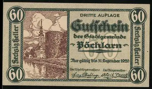 Notgeld Pöchlarn 1920, 60 Heller, Stadtansicht mit Kirche und Fluss, Wappen und Schriftzug