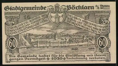 Notgeld Pöchlarn 1920, 60 Heller, Stadtansicht mit Kirche und Fluss, Wappen und Schriftzug