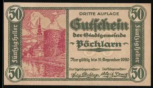 Notgeld Pöchlarn 1920, 50 Heller, Stadtansicht und Wappen mit Spruchband