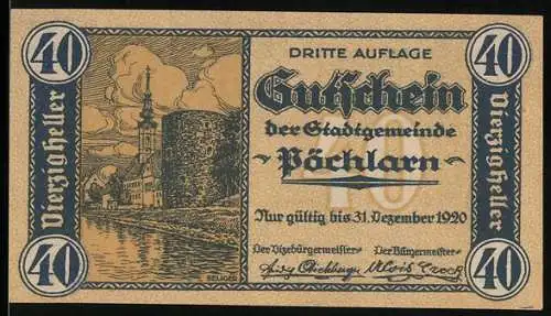 Notgeld Pöchlarn 1920, 40 Heller, Stadtansicht und Flusslandschaft, Wappen und Inschriften