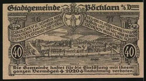 Notgeld Pöchlarn 1920, 40 Heller, Stadtansicht und Flusslandschaft, Wappen und Inschriften