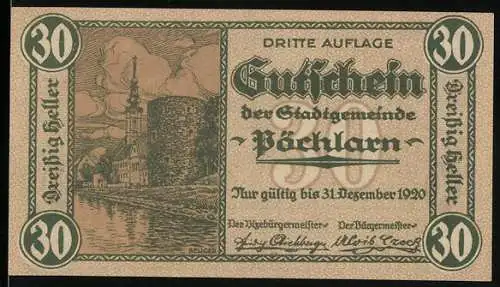 Notgeld Pöchlarn 1920, 30 Heller, Stadtansicht mit Kirche und Wappen, Flusslandschaft