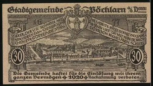 Notgeld Pöchlarn 1920, 30 Heller, Stadtansicht mit Kirche und Wappen, Flusslandschaft